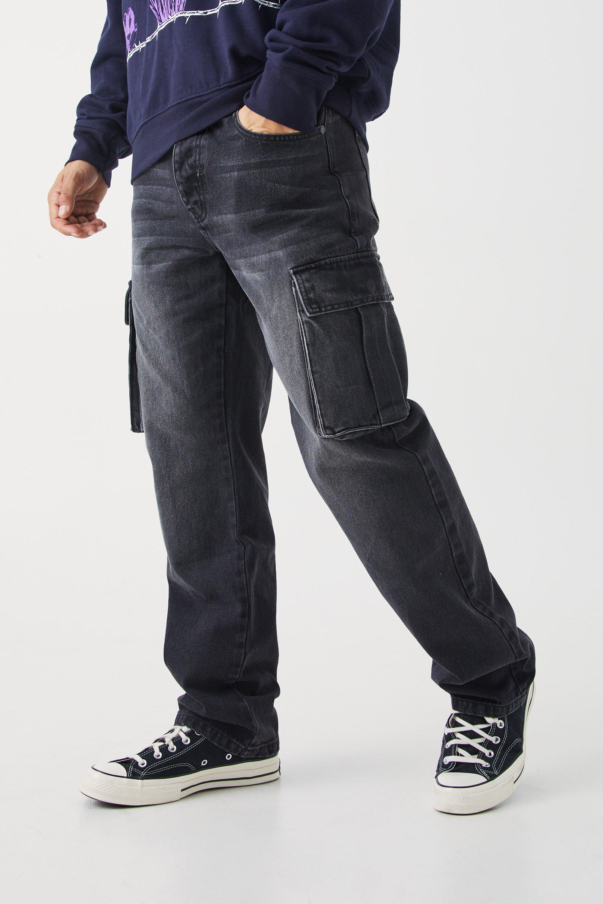 Mens Black Relaxed Rigid Cargo Washed Jeans, Black